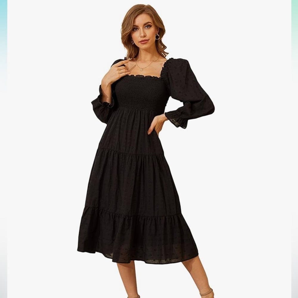 Square Neck -Ruffled Puff Long Sleeve- Beach Party Casual Maxi Dress